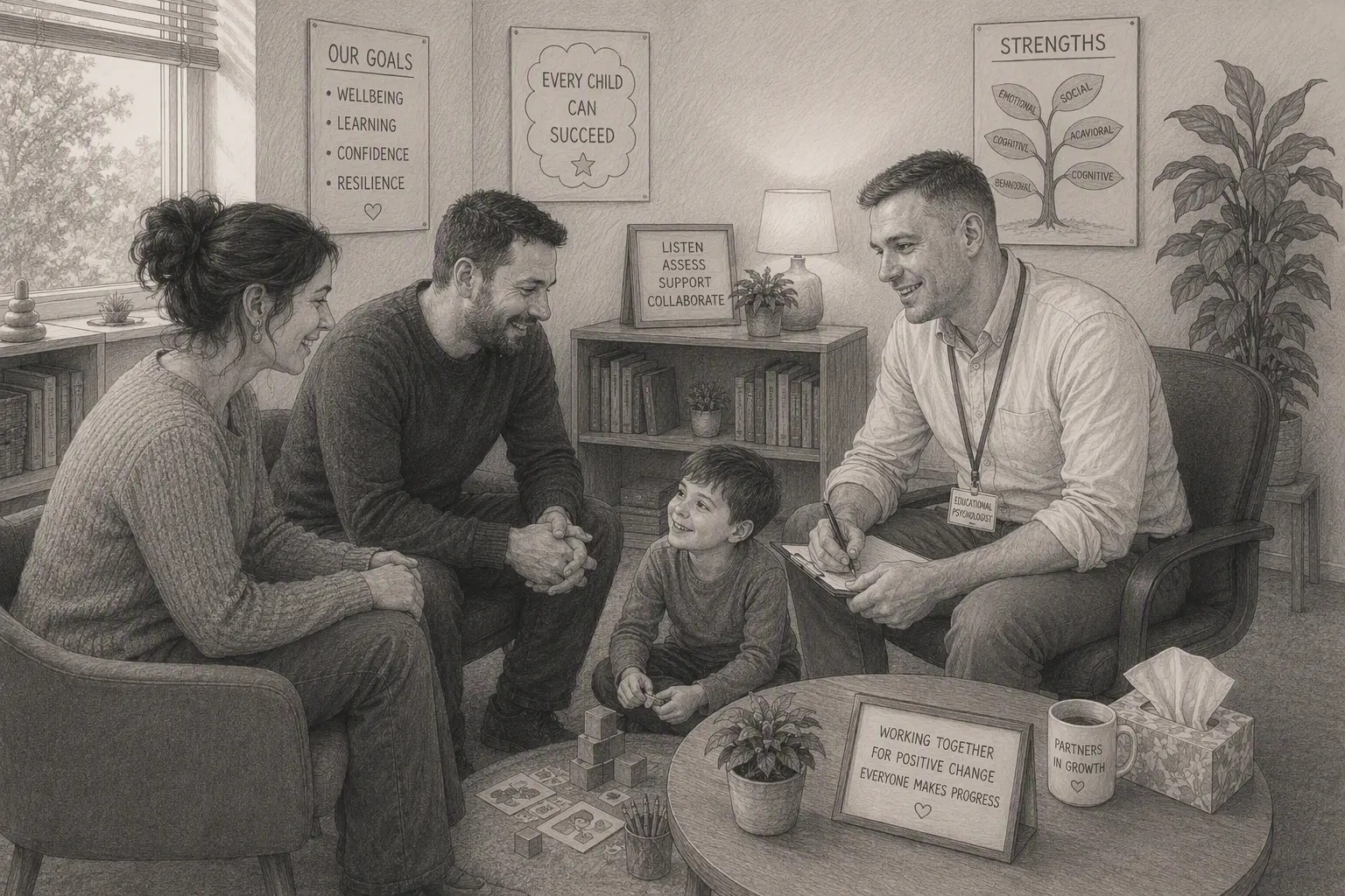 A family meeting with an educational psychologist for an assessment.