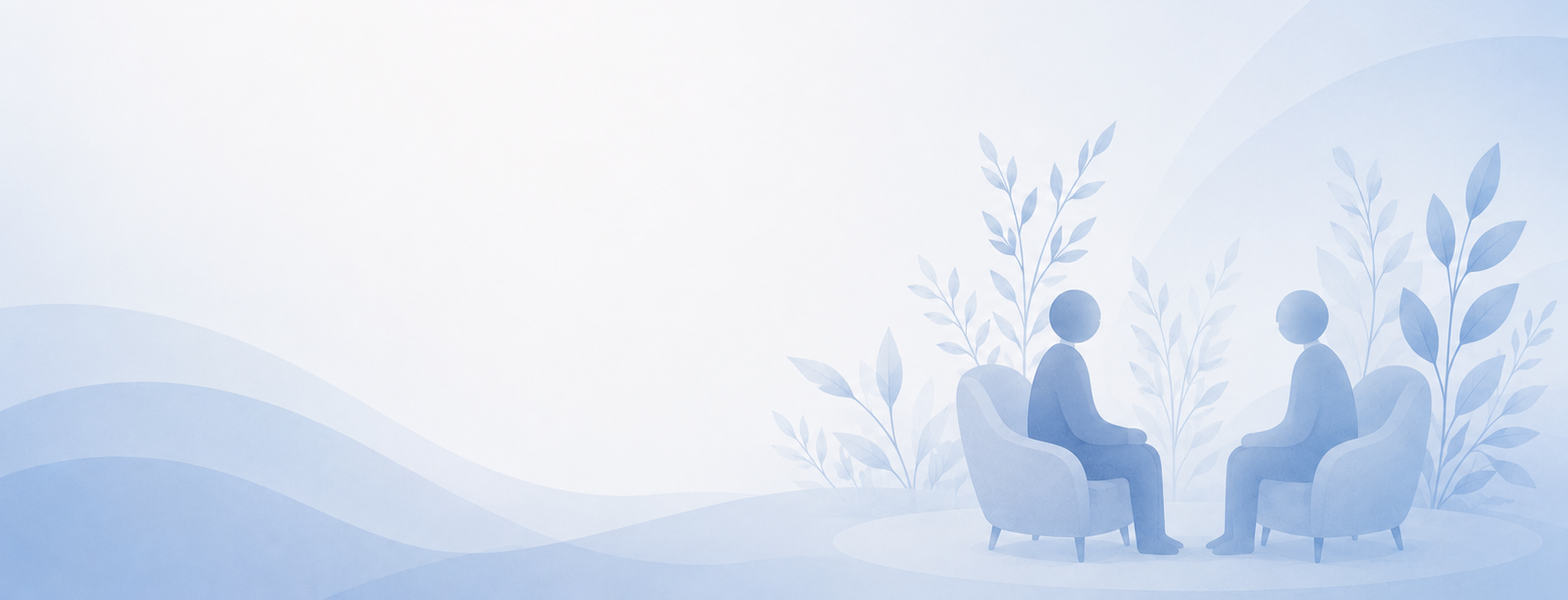 Illustration of two people in conversation, surrounded by soft botanical shapes